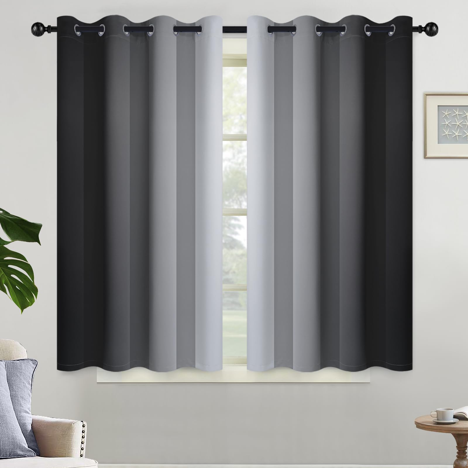 Yakamok Blue and Greyish White Ombre Curtains, Room Darkening Gradient Color Curtains for Bedroom, Light Blocking Thermal Insulated Window Drapes for Living Room(2 Panels, 52x84 Inch)