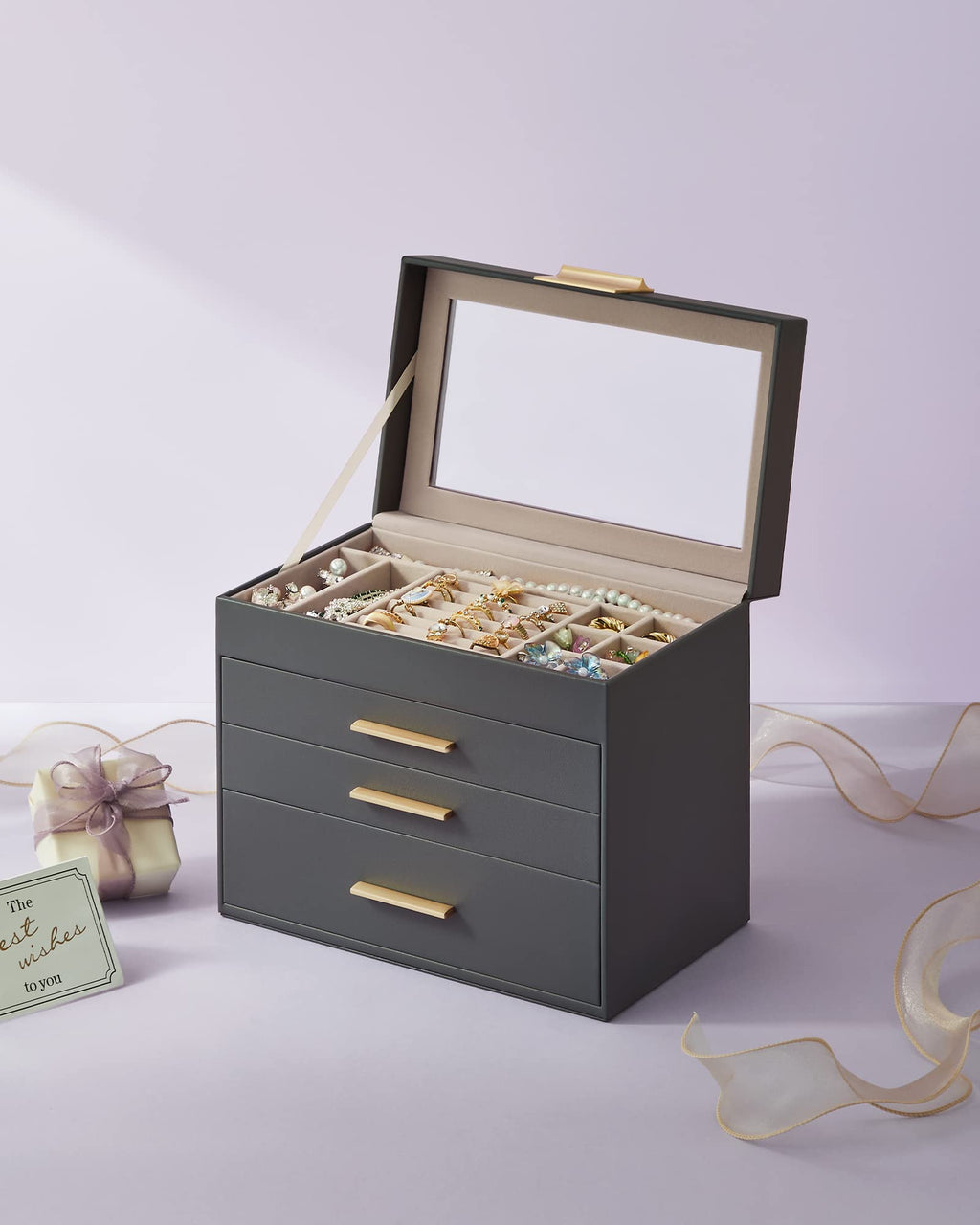 SONGMICS GISELLA Collection - Jewelry Box Organizer, 3-Layer Jewelry Storage with 2 Drawers, Shiny Metal Hardware, Glass Lid, Modern, 8 x 9.1 x 5.3 Inches, Cloud White and Gold Color UJBC239WT