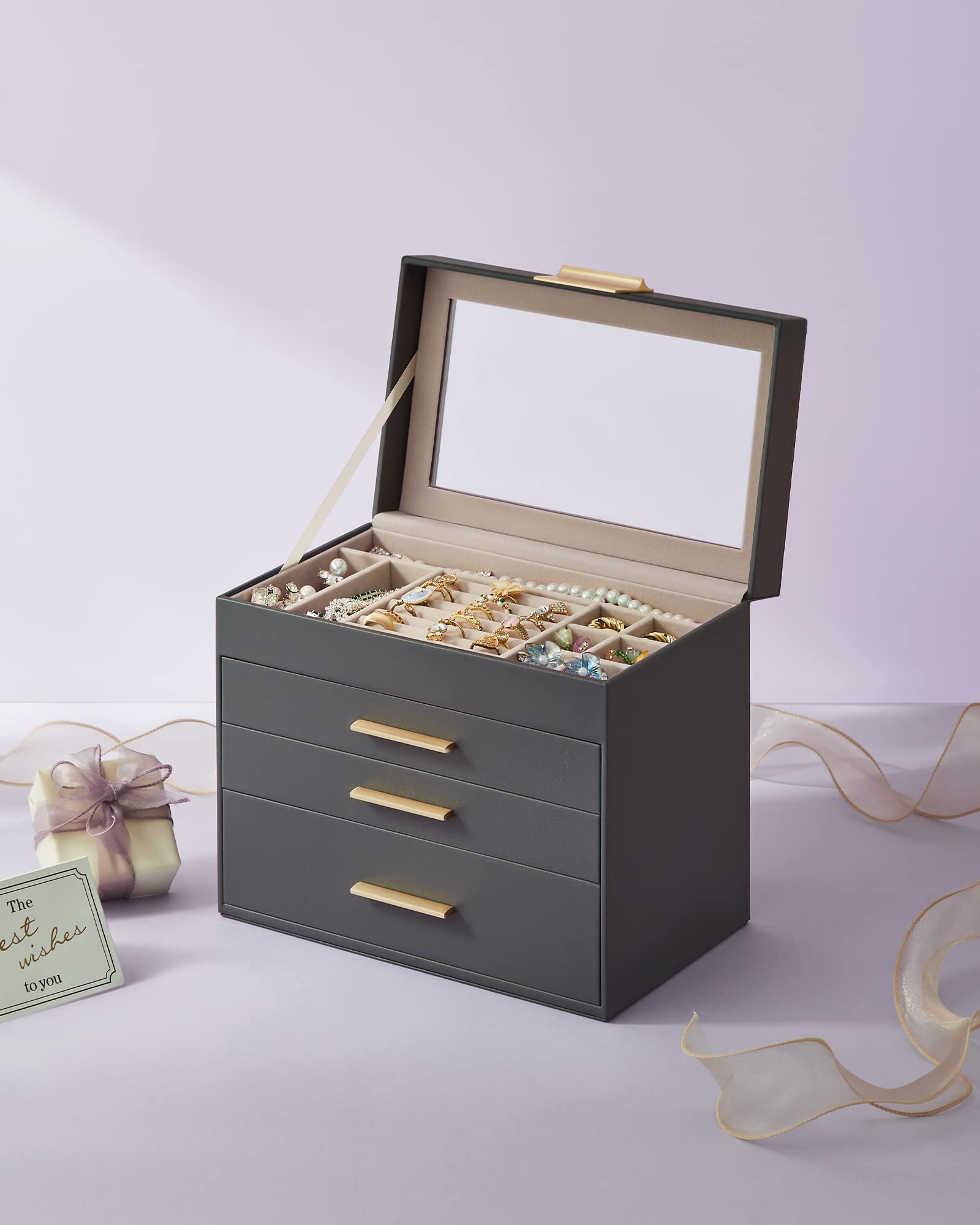 SONGMICS GISELLA Collection - Jewelry Box Organizer, 3-Layer Jewelry Storage with 2 Drawers, Shiny Metal Hardware, Glass Lid, Modern, 8 x 9.1 x 5.3 Inches, Cloud White and Gold Color UJBC239WT