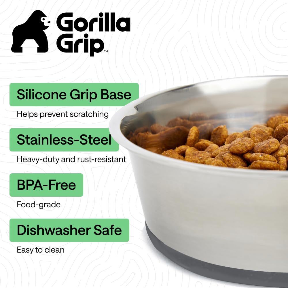 GORILLA GRIP Dog Bowls, Heavy Duty 304 Stainless Steel, Holds 2 Cups Each (16 fl oz) Food and Water Bowl for Feeding Dogs and Cats, Dishwasher Safe, Rust Resistant, BPA Free Rubber Base Set of 2 Black
