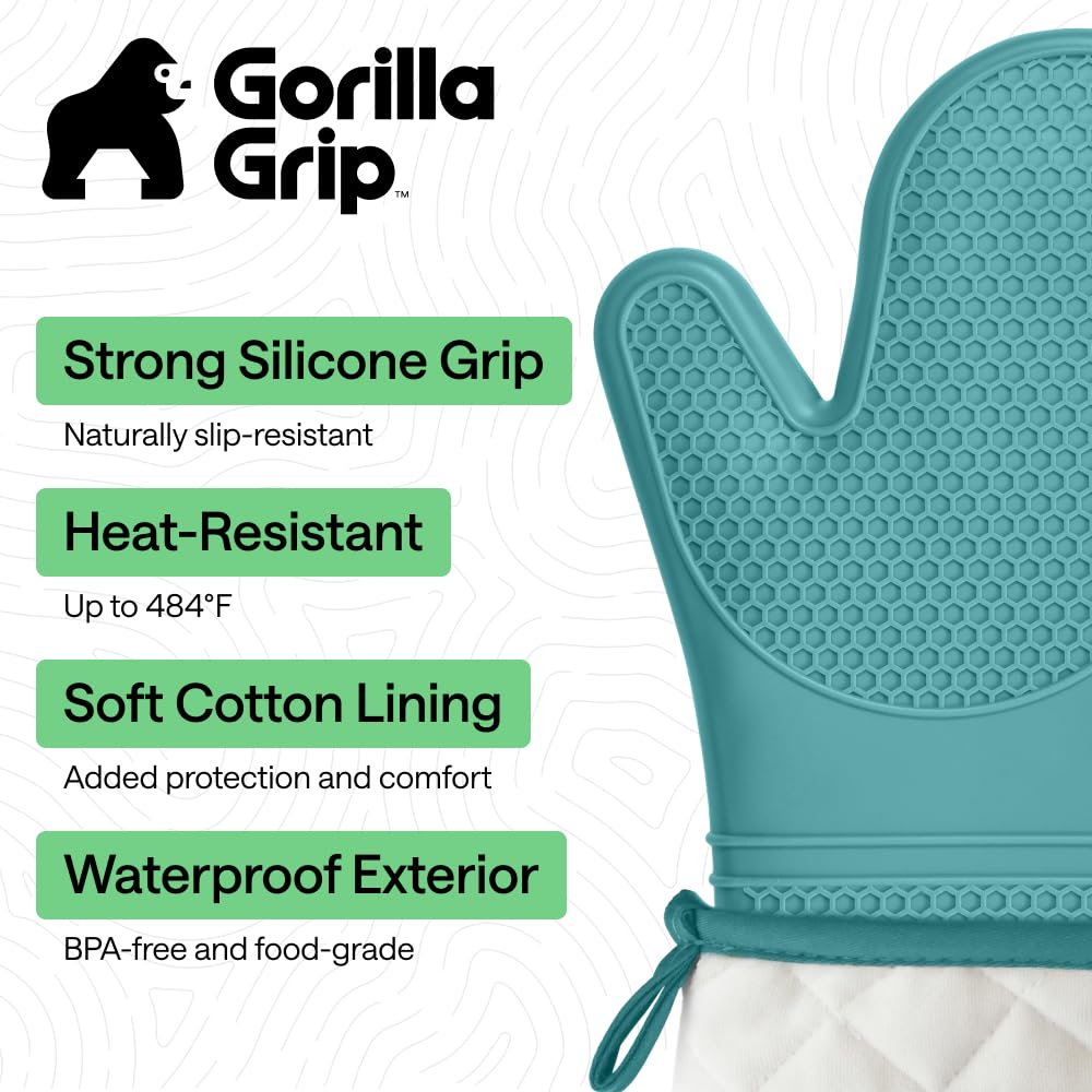 GORILLA GRIP BPA-Free Soft Silicone Oven Mitts, Heat Resistant and Waterproof Cooking Safety Gloves, Thick Cotton Lining, Flexible Gripping, Kitchen Potholders Set, for Grilling, BBQ, 12.5x8.3, Black