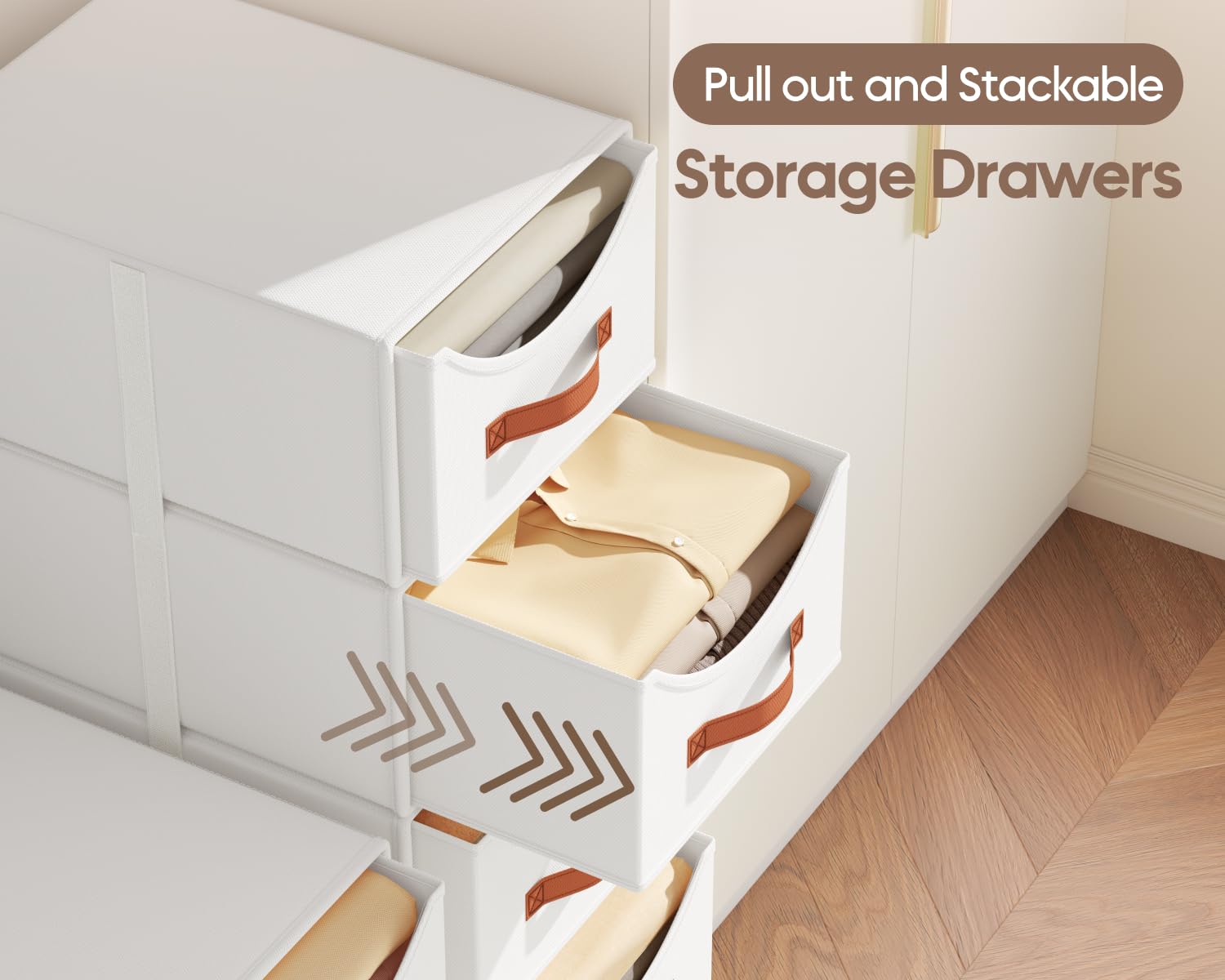 Homsorout Stackable Storage Drawers - Collapsible Storage Bins with Drawers, 4 Pack Closet Shelf Organizer Basket, Fabric Pull Out Organizer for Bedroom, Living Room, Dorm, Beige