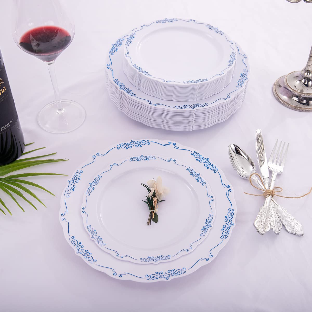 DaYammi 60PCS Blue and White Plastic Plates Blue Rim White Disposable Plates Blue White Party plates Include:30 Plastic Dinner Plate 30 Dessert plate and Wedding & Party Dining
