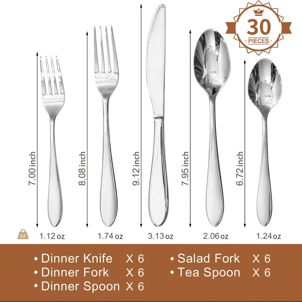 KINGSTONE 30-Piece Silverware Set for 6,18/10 Premium Stainless Steel Flatware Set, for Home, Restaurant, Wedding and Party Use,Mirror-Polished Cutlery Set, Dishwasher Safe
