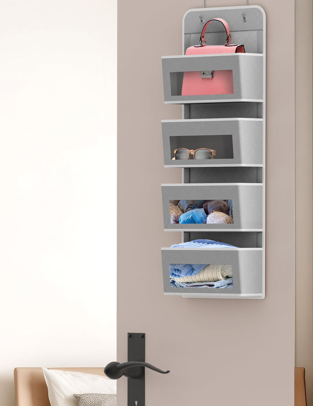 Simple Houseware 6 Clear Window Pocket Over Closet Door Storage Hanging Organizer for Bedroom, Bathroom, Pantry, Beige