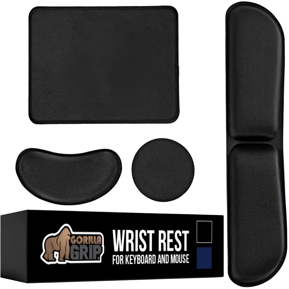 GORILLA GRIP Silky Memory Foam Wrist Rest for Computer Keyboard, Mouse, Ergonomic Design for Typing Pain Relief, Desk Pads Support Hand and Arm, Mousepad Rests, Stain Resistant, 2 Piece Pad, Black