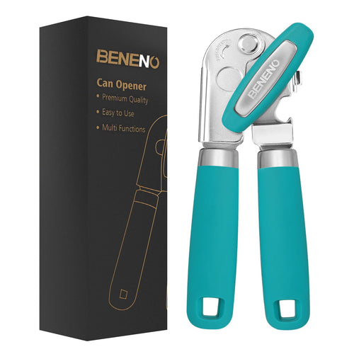 Beneno Heavy Duty Hand Can Opener Manual with Magnet, Durable Sharp Carbon Steel Blade Smooth Cutting, Big Effort-Saving Knob & Soft Grip Handle, Multifunctional Kitchen Tool with Bottle Opener, Green