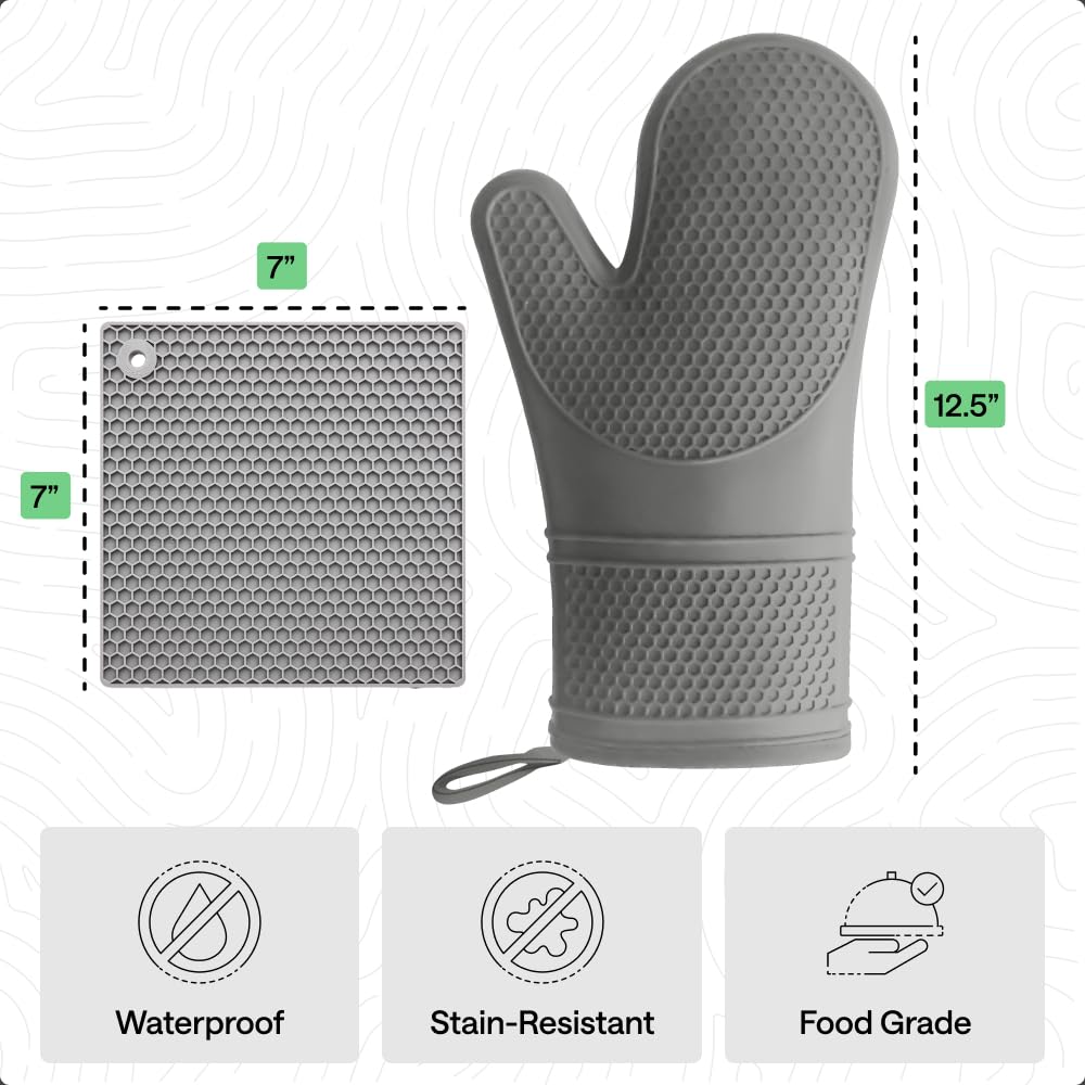 GORILLA GRIP BPA-Free Soft Silicone Oven Mitts, Heat Resistant and Waterproof Cooking Safety Gloves, Thick Cotton Lining, Flexible Gripping, Kitchen Potholders Set, for Grilling, BBQ, 12.5x8.3, Black