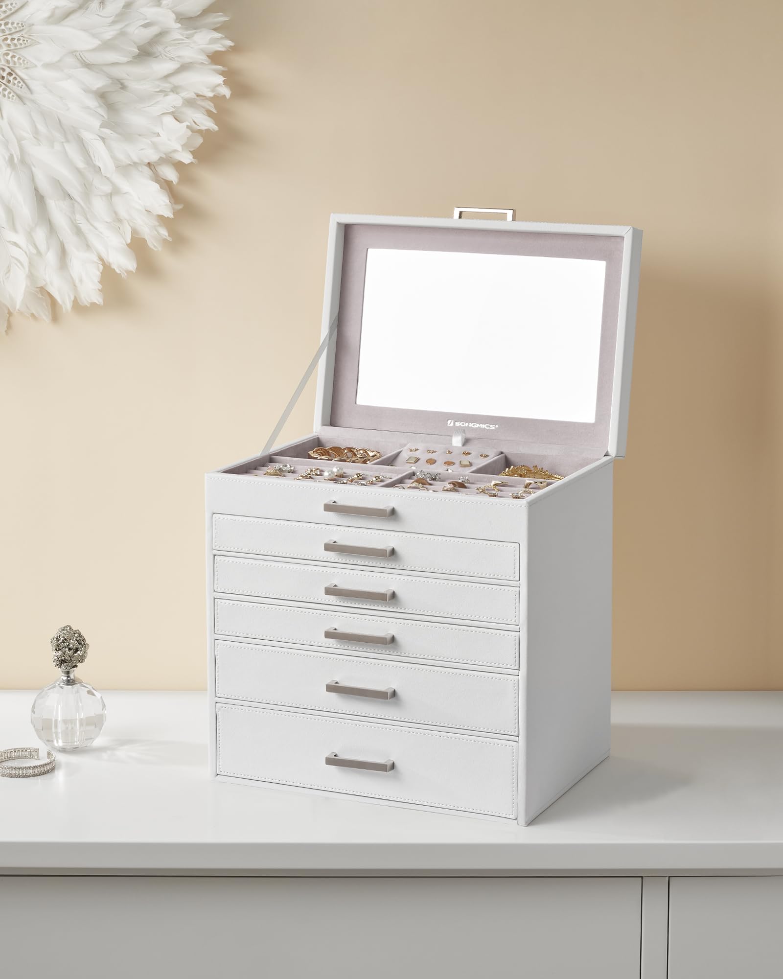SONGMICS 3-Tier Jewelry Box, Travel Jewelry Case with Handle, 2 Drawers, Lockable Jewelry Organizer with Mirror, Jewelry Storage, Modern Style, Gift for Loved Ones, White UJBC154W01