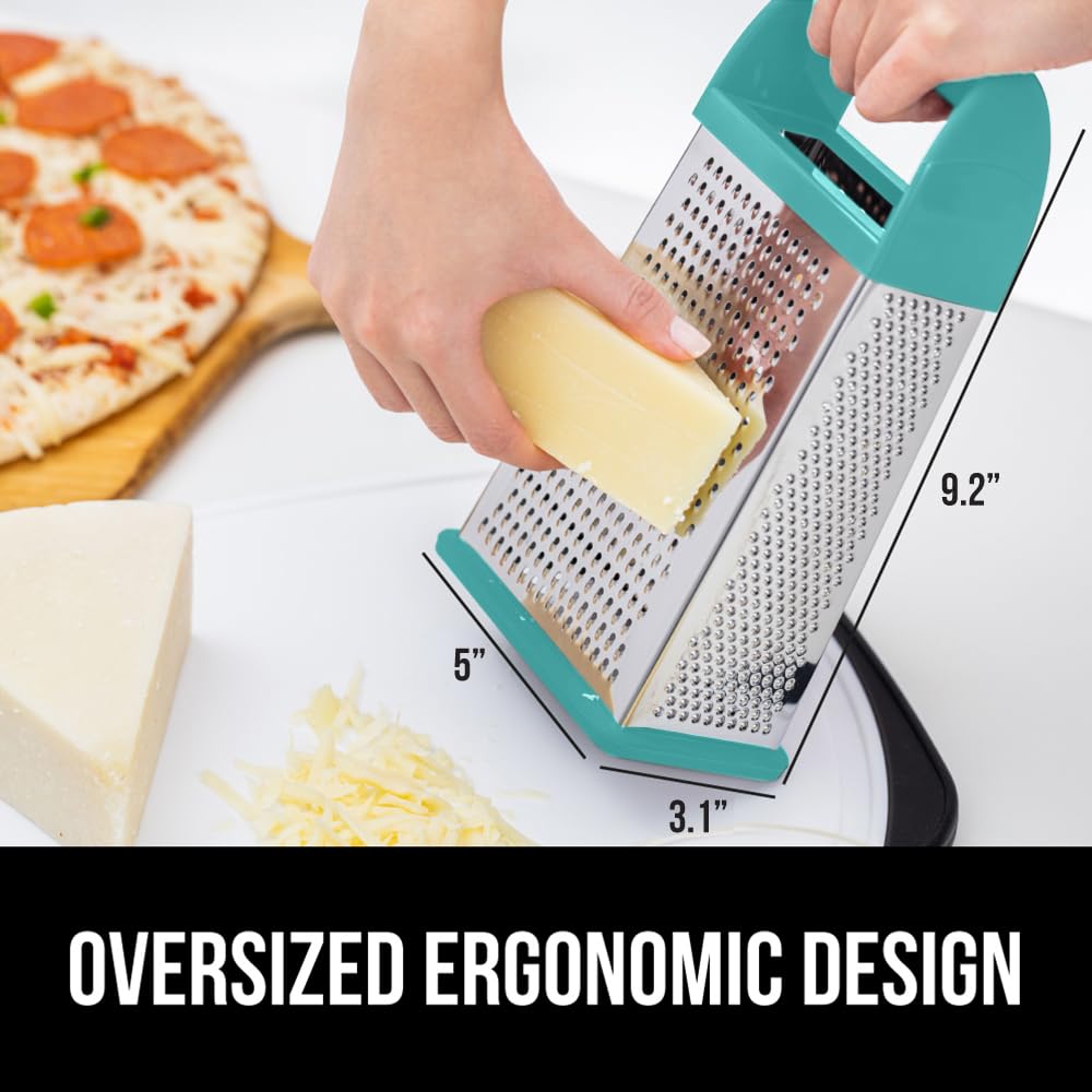 GORILLA GRIP 4-Sided Stainless Steel Cheese Grater With Container, 100% BPA-Free Box Grater, Slip Resistant Base and Handle, Grate Parmesan, Hard Cheeses, Shred Vegetables, Dishwasher Safe, Black