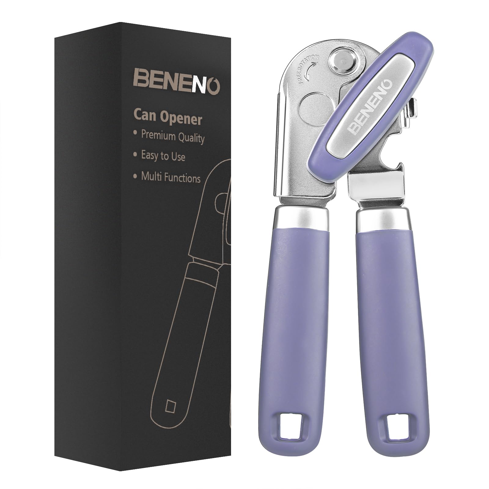 Beneno Heavy Duty Hand Can Opener Manual with Magnet, Durable Sharp Carbon Steel Blade Smooth Cutting, Big Effort-Saving Knob & Soft Grip Handle, Multifunctional Kitchen Tool with Bottle Opener, Green