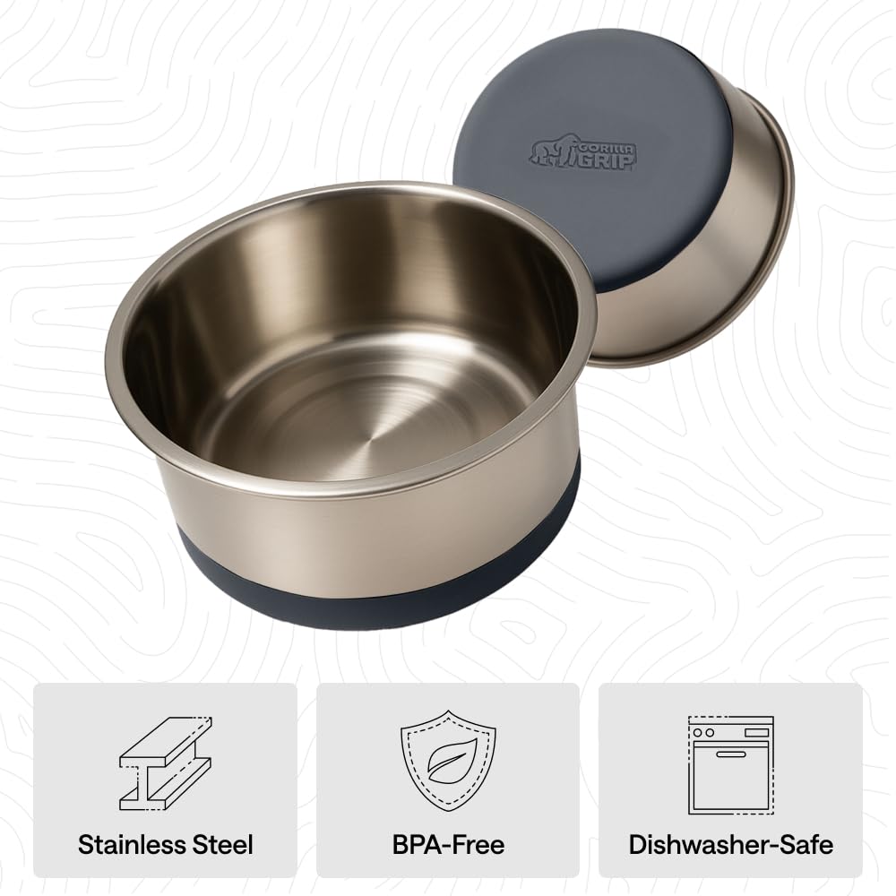 GORILLA GRIP Dog Bowls, Heavy Duty 304 Stainless Steel, Holds 2 Cups Each (16 fl oz) Food and Water Bowl for Feeding Dogs and Cats, Dishwasher Safe, Rust Resistant, BPA Free Rubber Base Set of 2 Black