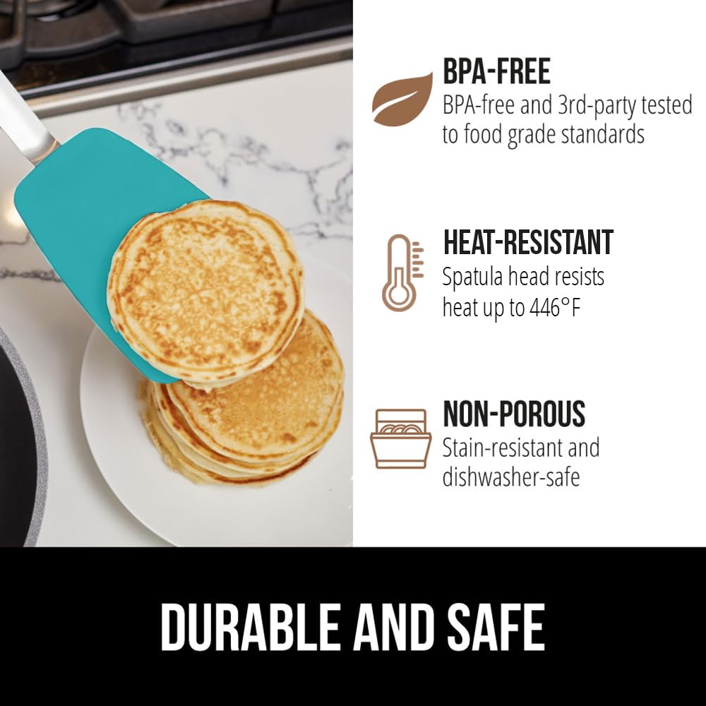 GORILLA GRIP Food Grade Flexible Silicone Spatula, Heat Resistant Head for Nonstick Frying Pan, Patented Soft Rubber Handle for Comfort, Non-Scratch Kitchen Turner, Flip Eggs Burgers, 11.6 in, Black