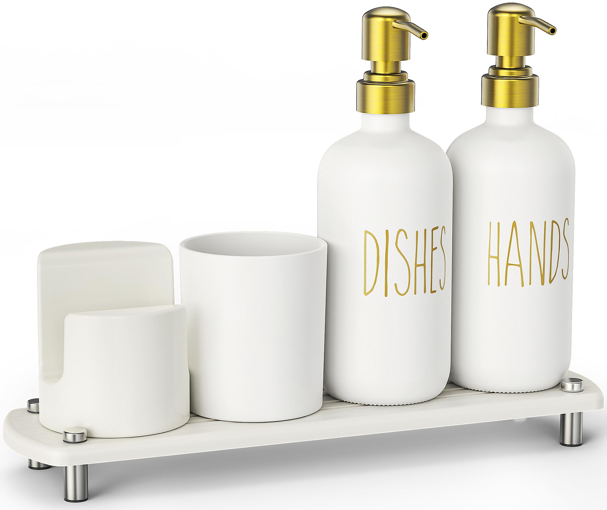 Cisily Kitchen Soap Dispenser Set Comes with Ceramics Sponge Holder, Gold Pumps, and Instant Dry Tray, Hand and Dish Soap Dispenser Set (4, Gold + White + Sponge Holder)