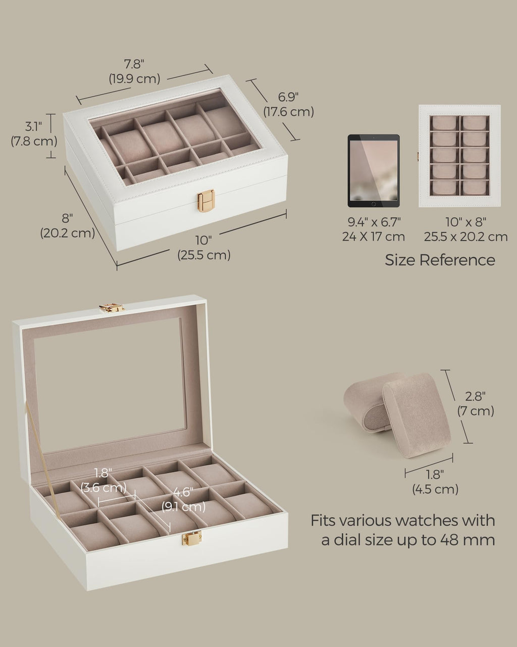 SONGMICS Watch Box, 12-Slot Watch Case Organizer with Large Glass Lid, Removable Pillows, Gift for Loved Ones, Black Synthetic Leather, Gray Lining UJWB12BK