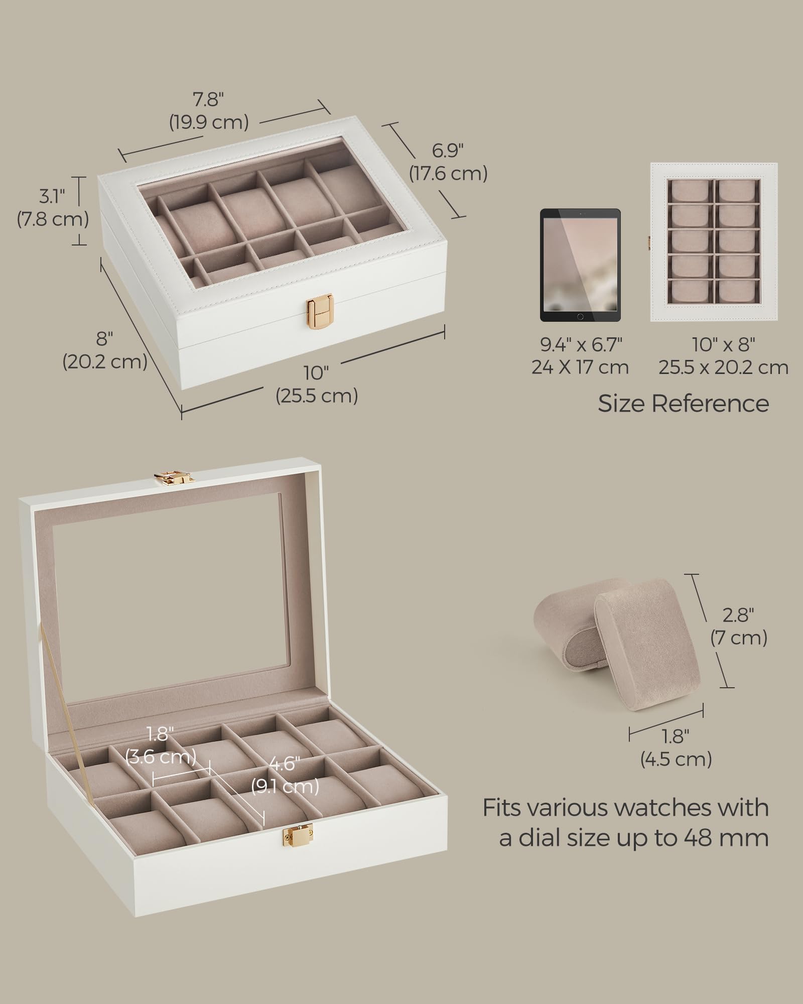 SONGMICS Watch Box, 12-Slot Watch Case Organizer with Large Glass Lid, Removable Pillows, Gift for Loved Ones, Black Synthetic Leather, Gray Lining UJWB12BK