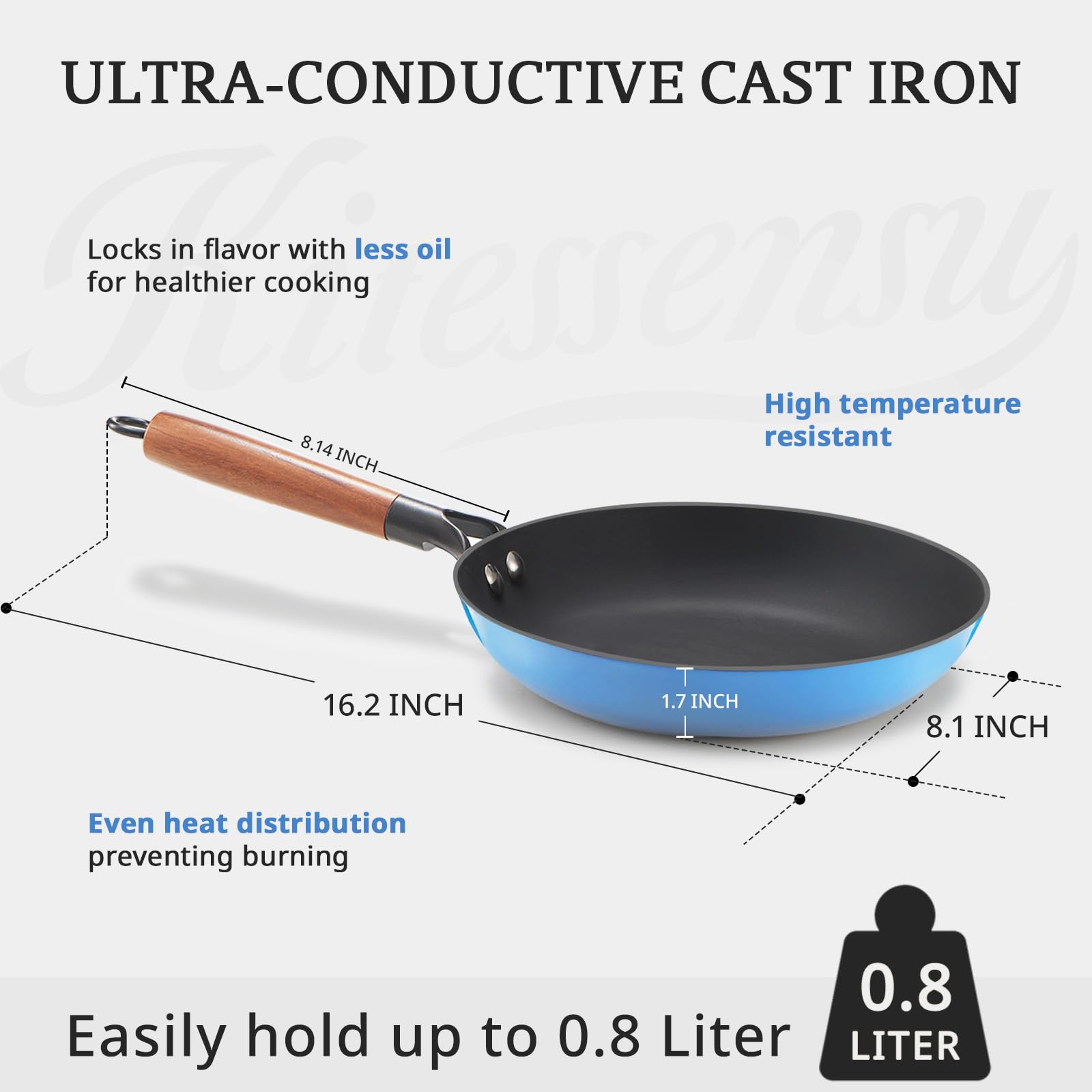 KITESSENSU Enameled Cast Iron Skillets - Non Stick Frying Pans Set with Durable Wooden Handle - 10&12 Inch Titanium Cast Iron Pans for Multi-Cooking - Pre Seasoned Cookware Set - Gradual Cobalt Blue