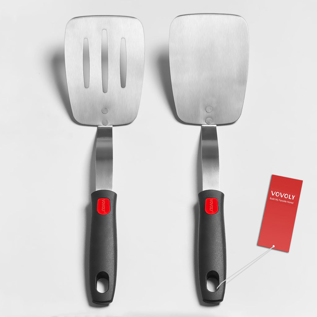 Stainless Steel Spatula Turner, Slotted Metal Spatula for Kitchen Use,VOVOLY Heavy Duty Cooking Turner, Wide Blade with Beveled Edge and Heat Resistant Silicone Handle, Dishwasher Safe