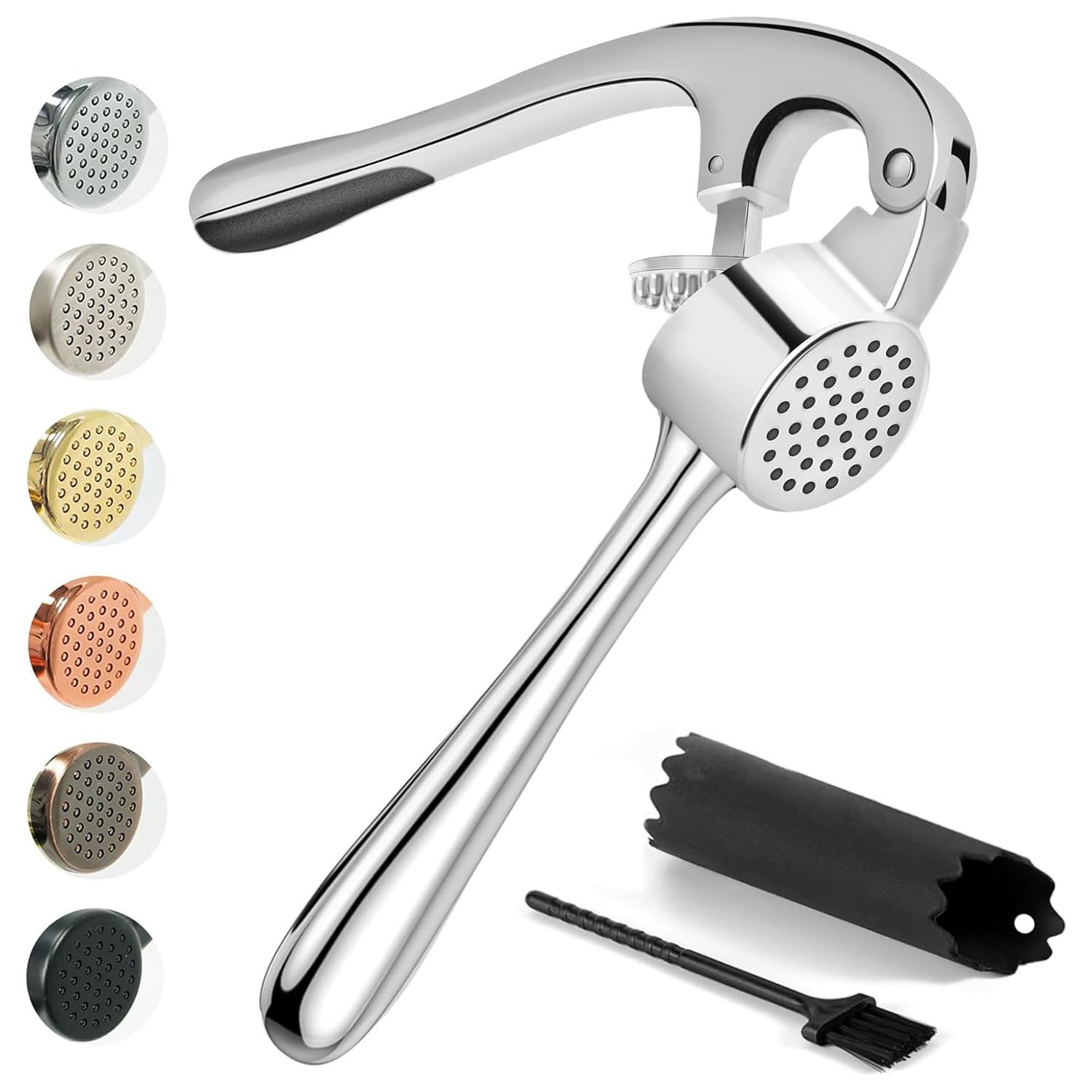 Kitessensu High Effective Garlic Press With Studs, Heavy Duty Garlic Mincer, Easy to Squeeze and Clean, Rust Proof & Dishwasher Safe, Ginger Crusher- Imperial Silver