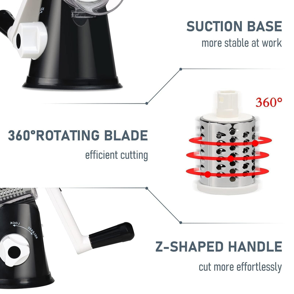 KEOUKE Rotary Cheese Grater Hand Crank Light Blue - Shredder Slicer Grinder 3 Stainless Steel Blades, Stable Suction, Labor-Saving Handle, Safe Kitchen Tool for Cheese, Vegetable, Nuts, Chocolate
