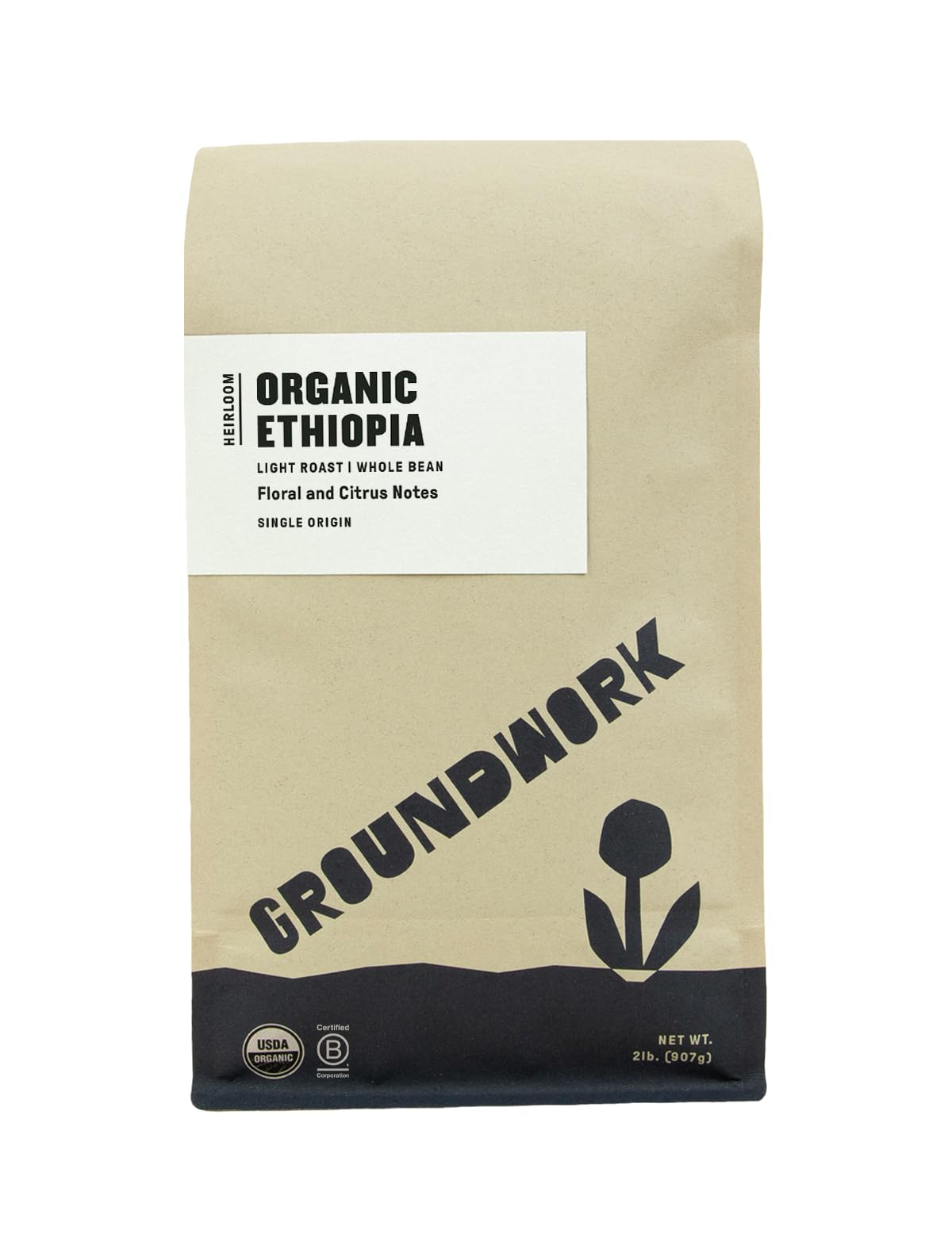 GROUNDWORK Ethiopia Heirloom Blend - Whole Bean Coffee Light Roast - USDA Organic Single Origin Coffee - 12oz (Pack of 1)