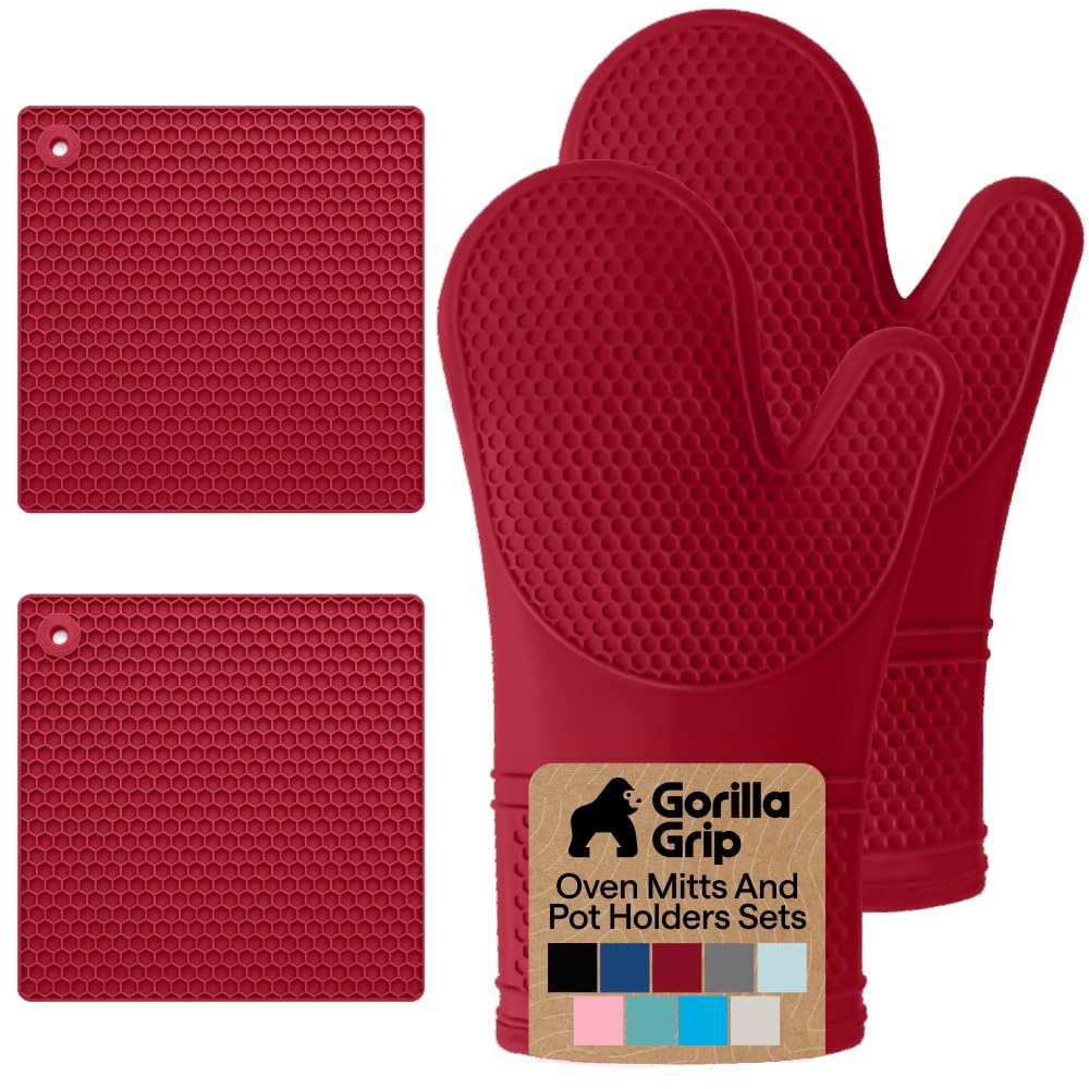 GORILLA GRIP BPA-Free Soft Silicone Oven Mitts, Heat Resistant and Waterproof Cooking Safety Gloves, Thick Cotton Lining, Flexible Gripping, Kitchen Potholders Set, for Grilling, BBQ, 12.5x8.3, Black