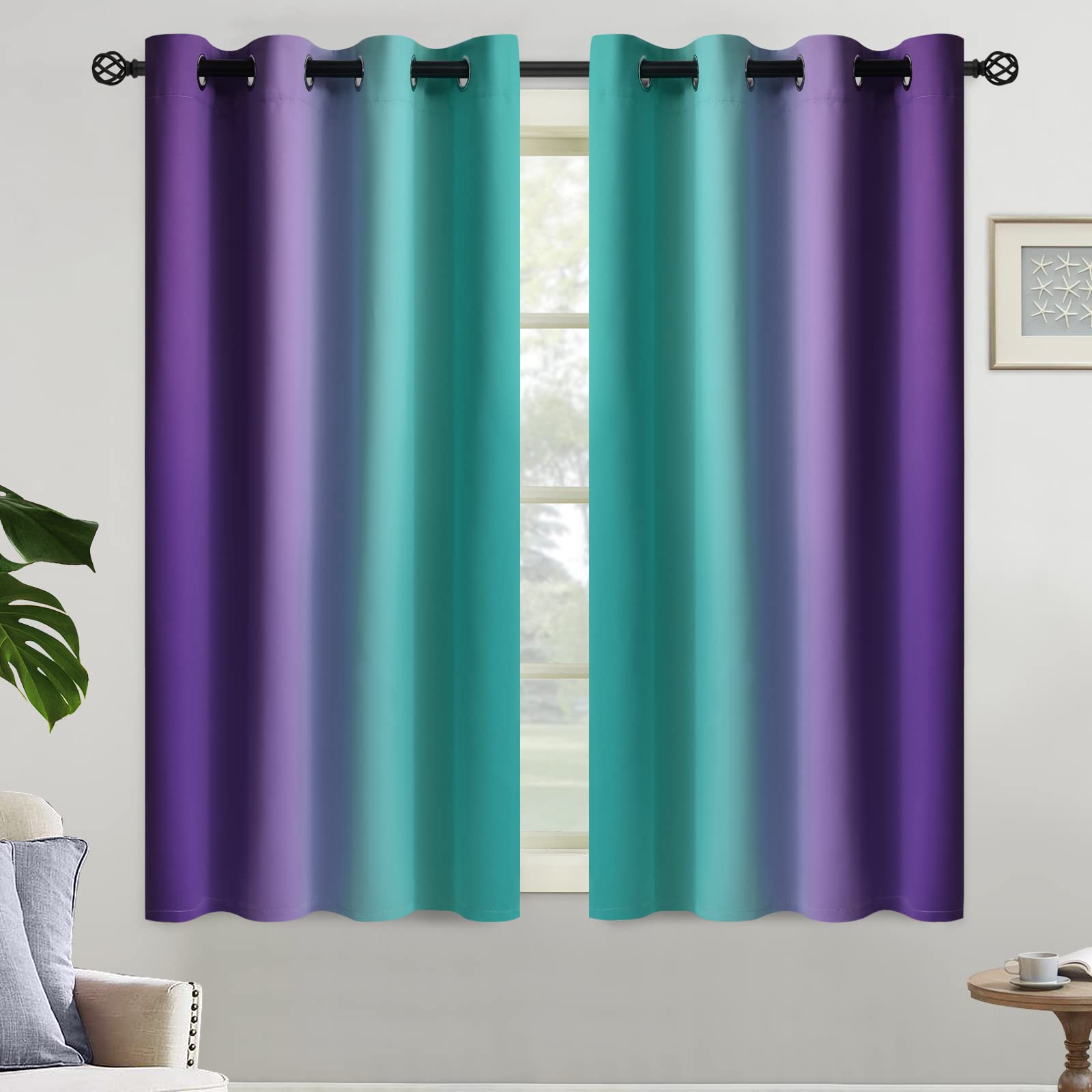 Yakamok Blue and Greyish White Ombre Curtains, Room Darkening Gradient Color Curtains for Bedroom, Light Blocking Thermal Insulated Window Drapes for Living Room(2 Panels, 52x84 Inch)