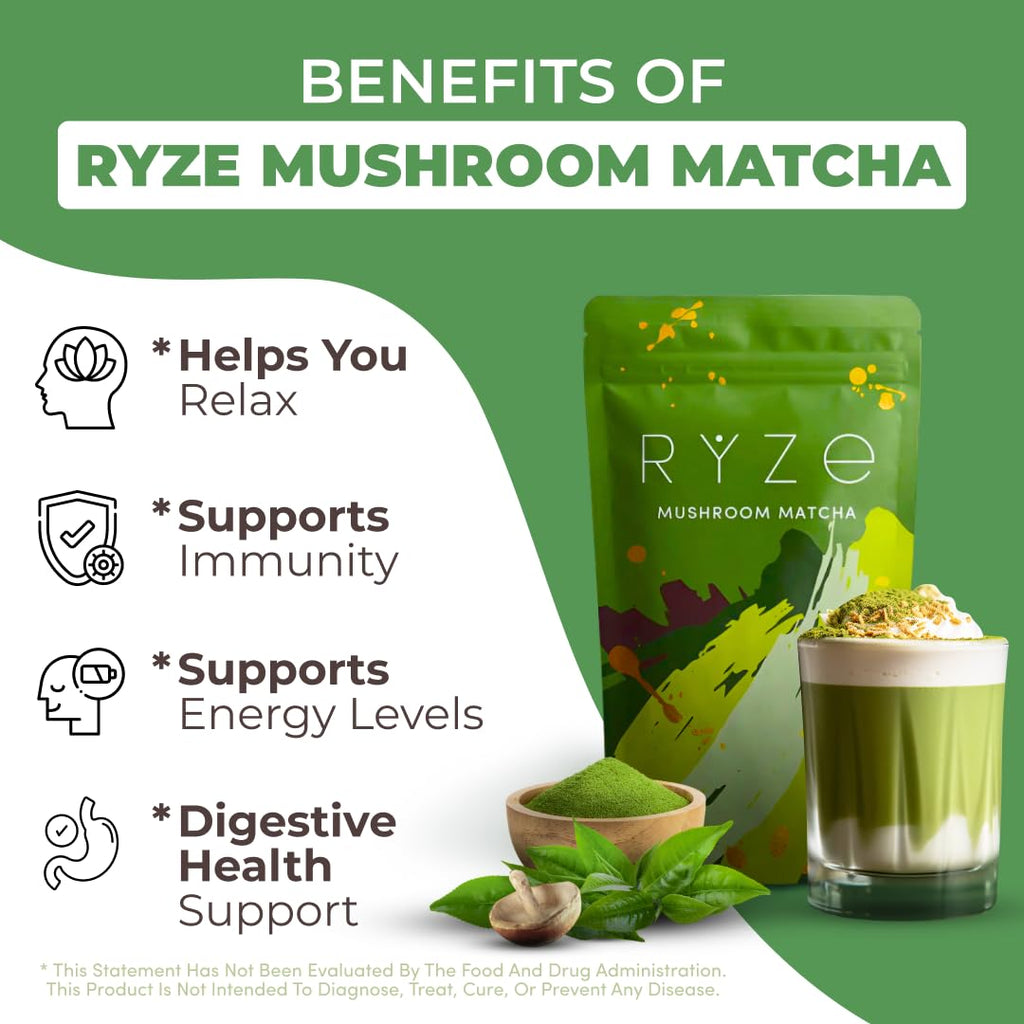 RYZE SUPERFOODS Mushroom Matcha Starter Kit, USDA Organic with 6 Adaptogenic Mushrooms and Ceremonial-Grade Matcha, Energy, Focus, Digestion, Immunity with Turkey Tail, Shiitake, Reishi (Matcha (Pack of 1))
