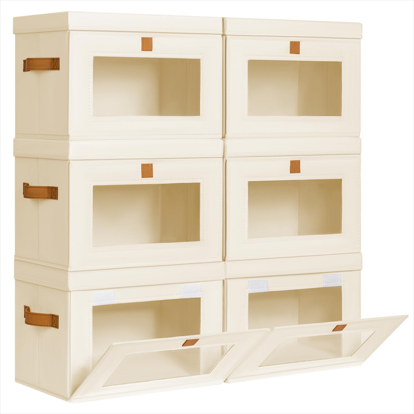 Homsorout Large Closet Storage Organizer - Clothes Storage Bins with Handles & Window, Collapsible Decorative Boxes with Lids, Fabric Containers for Living Room, Dorm, 2 Pack, Beige