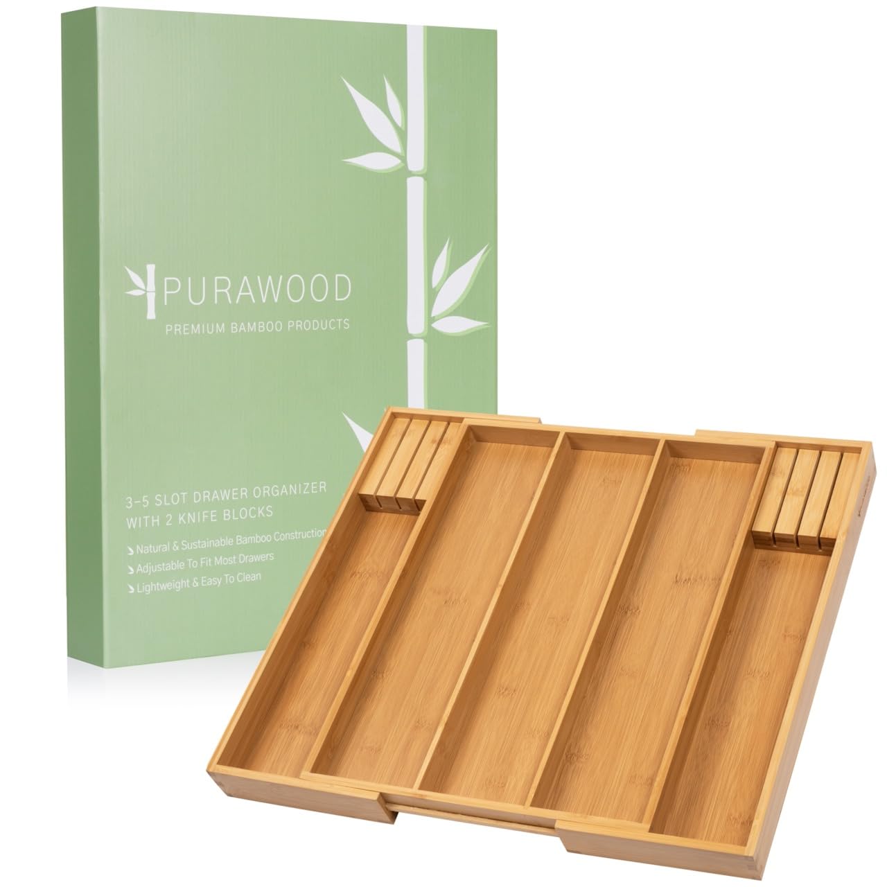 Purawood Bamboo Drawer Organizer - Expandable Silverware Organizer & Utensil Drawer Organizer, Cutlery Tray with Dividers, 7-9 Slots- Kitchen Organizer for Utensils & Flatware (Natural)