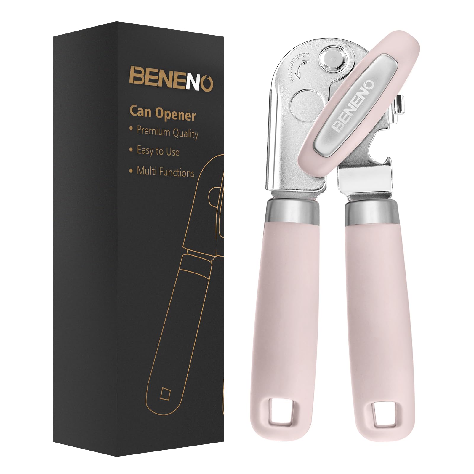 Beneno Heavy Duty Hand Can Opener Manual with Magnet, Durable Sharp Carbon Steel Blade Smooth Cutting, Big Effort-Saving Knob & Soft Grip Handle, Multifunctional Kitchen Tool with Bottle Opener, Green