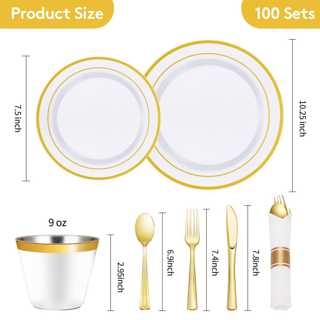 Goodluck 350 Piece Silver Plastic Dinnerware Set for 50 Guests, Fancy Disposable Plates for Party, Include: 50 Dinner Plates, 50 Dessert Plates, 50 Pre Rolled Napkins with Silver Silverware, 50 Cups