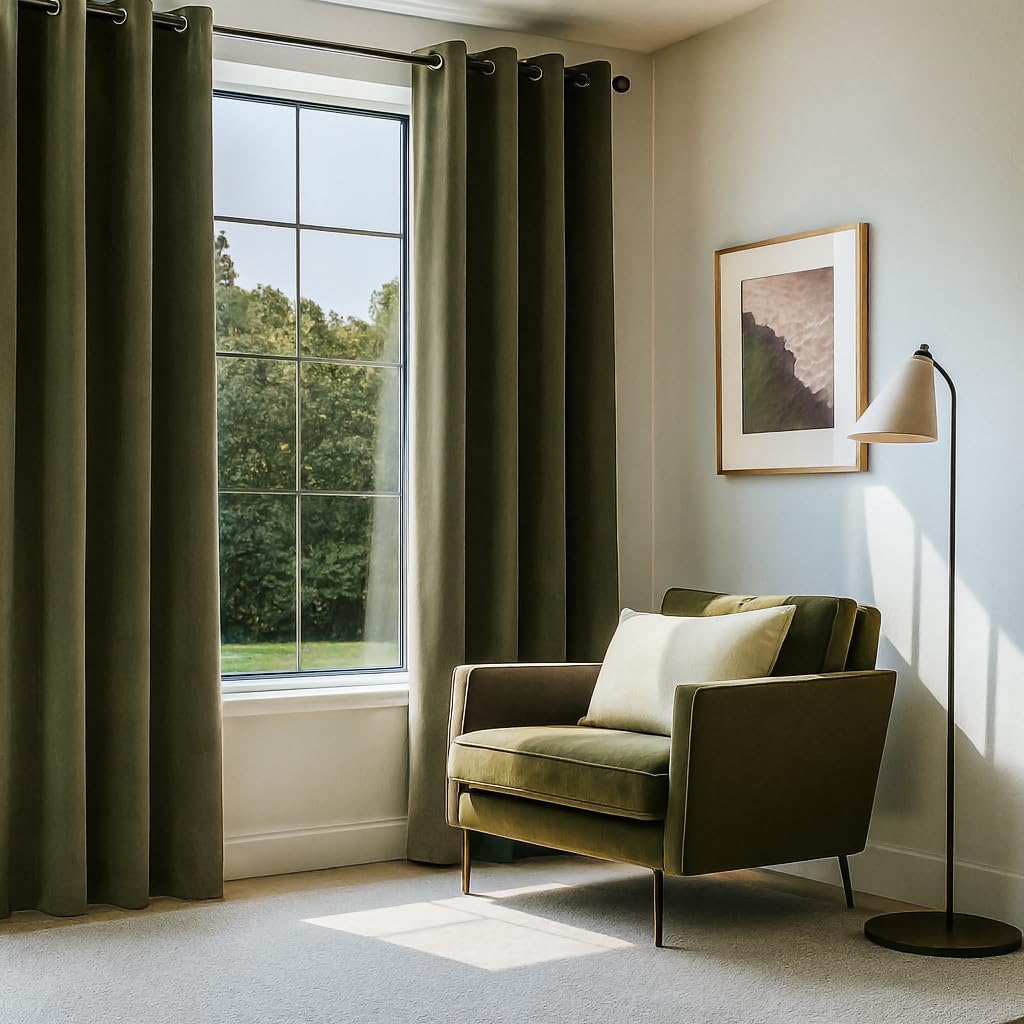 Topfinel Olive Green Velvet Blackout Curtains 84 Inches Long,Soundproof Room Darkening Dark Green Thermal Insulated Boho Elegant Moody Grommet Curtains for Living Room Bedroom 2 Panels