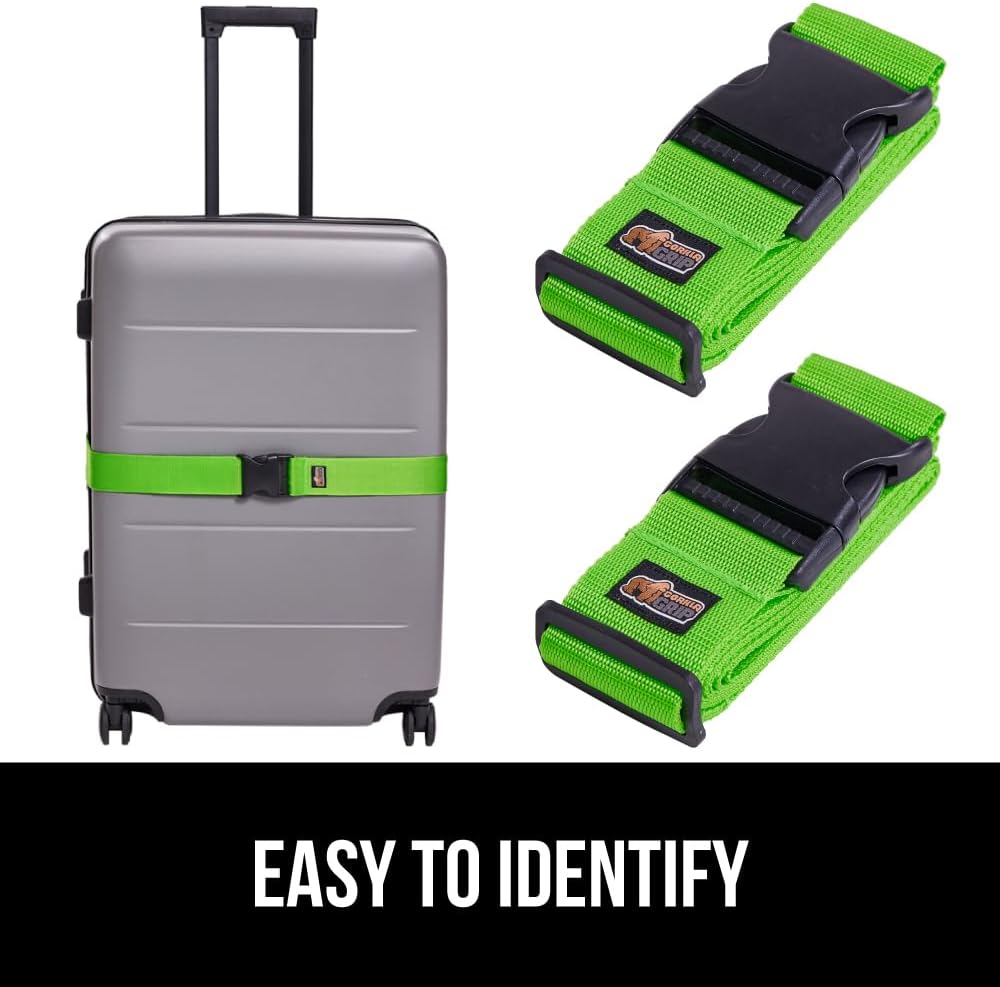 GORILLA GRIP Heavy Duty Adjustable Luggage Straps for Suitcases, Easy to Identify Travel Belt Connector Holds Suitcase Together, Extends Life of Bag, Strap Connects Two Bags, Accessories 2 Pack Green