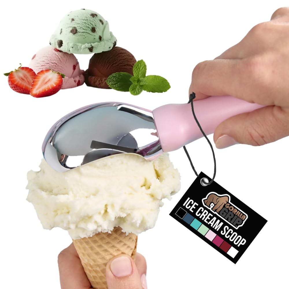GORILLA GRIP BPA-Free Heavy Duty Ice Cream Scoop, Comfortable Ergonomic Handle, Professional Grade Scooper for Perfect Round Scoops, Spoon Frozen Hard Gelato, Sorbet, Cookie Dough, Kitchen Tool, Black