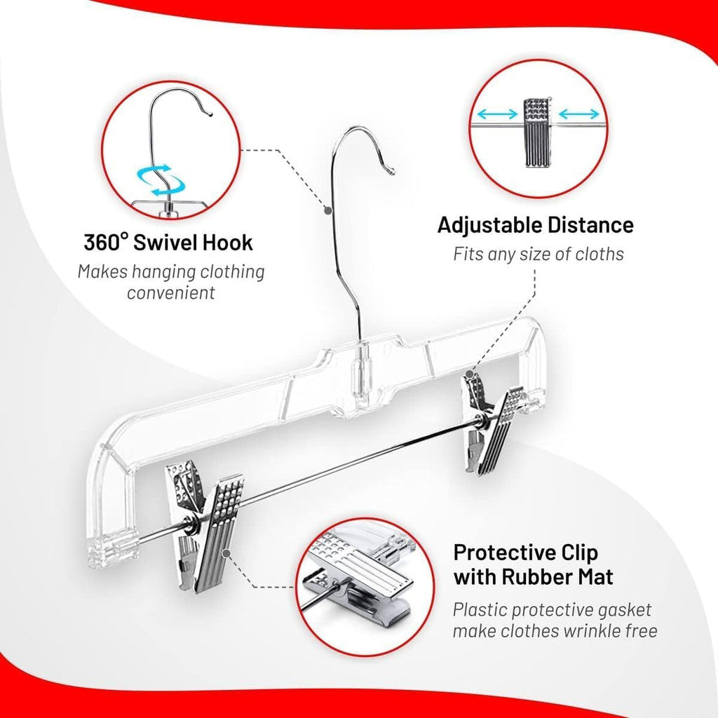 DEILSY™ Skirt Hangers 50 Pack Pants with Clips Hanger Shorts Clear Plastic Clothes with Adjustable Clip Non-Slip Clothes Hanger Perfect for Pant, Pack of 50