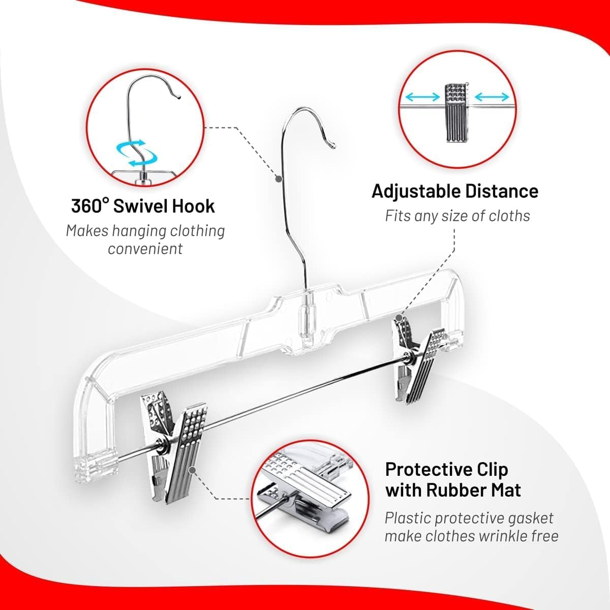 DEILSY™ Skirt Hangers 50 Pack Pants with Clips Hanger Shorts Clear Plastic Clothes with Adjustable Clip Non-Slip Clothes Hanger Perfect for Pant, Pack of 50