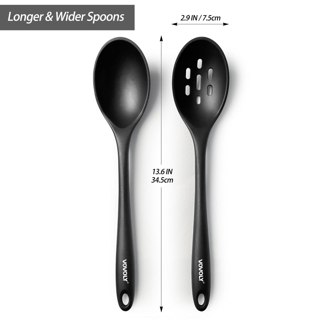 Silicone Spoons for Cooking - Extra Large Kitchen Spoons for Mixing, Serving, & Stirring - 600°F Heat-Resistant Non Stick Utensils Ladle & Skimmer- Dishwasher Safe, Black