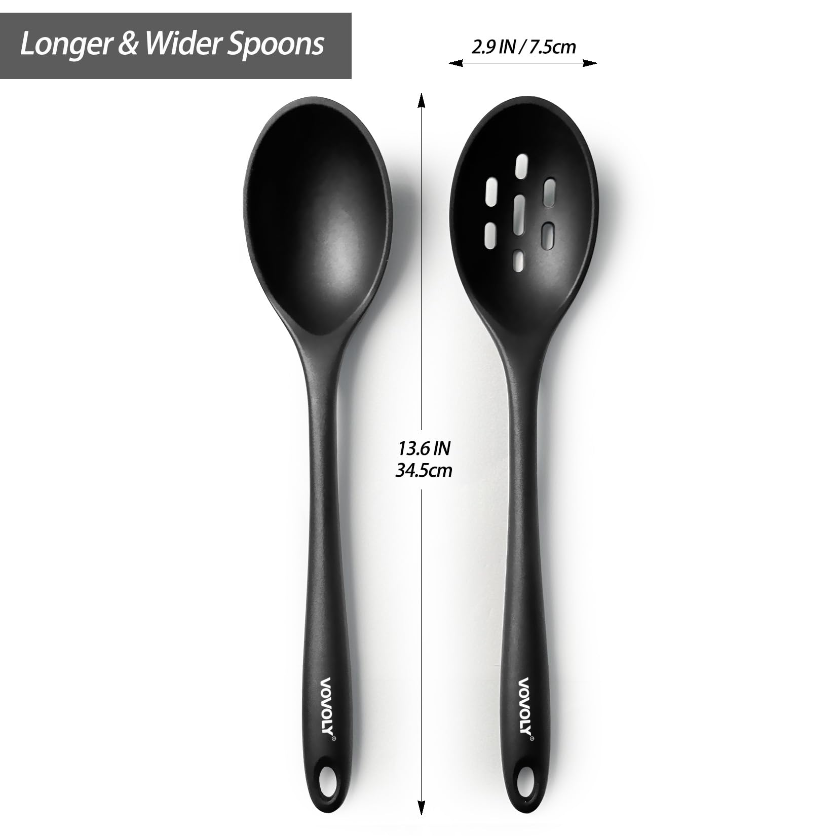 Silicone Spoons for Cooking - Extra Large Kitchen Spoons for Mixing, Serving, & Stirring - 600°F Heat-Resistant Non Stick Utensils Ladle & Skimmer- Dishwasher Safe, Black