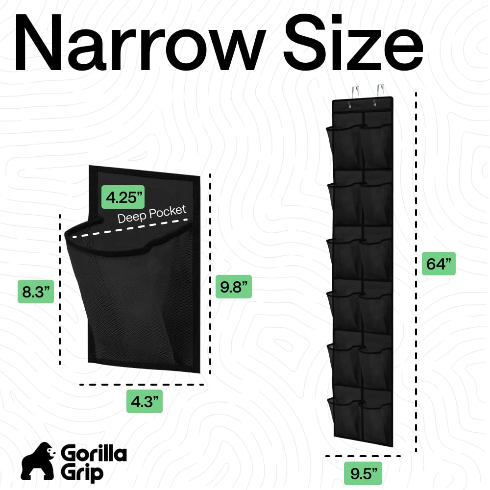 GORILLA GRIP Over the Door Shoe Organizer, 24 Large Breathable Mesh Pockets, Space Saving Hanging Storage Holder, Closet Rack Hanger Holds Up to 40 lbs, Hangs on Closets for Shoes, Accessories, Black