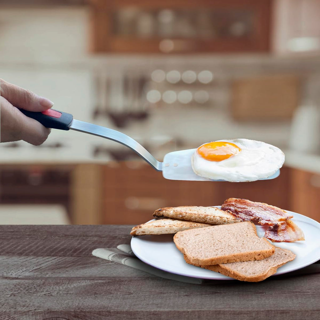 Stainless Steel Flexible Spatula Turner, Thin Slotted Metal Spatula for Cast Iron Skillet, Thin Blade and Heat Resistant Silicone Handle, Great for Egg, Cookie, Meat, Crep, Large
