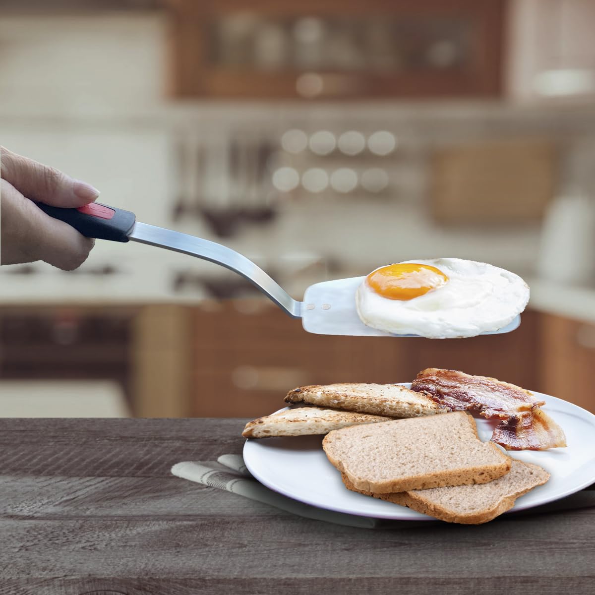 Stainless Steel Flexible Spatula Turner, Thin Slotted Metal Spatula for Cast Iron Skillet, Thin Blade and Heat Resistant Silicone Handle, Great for Egg, Cookie, Meat, Crep, Large
