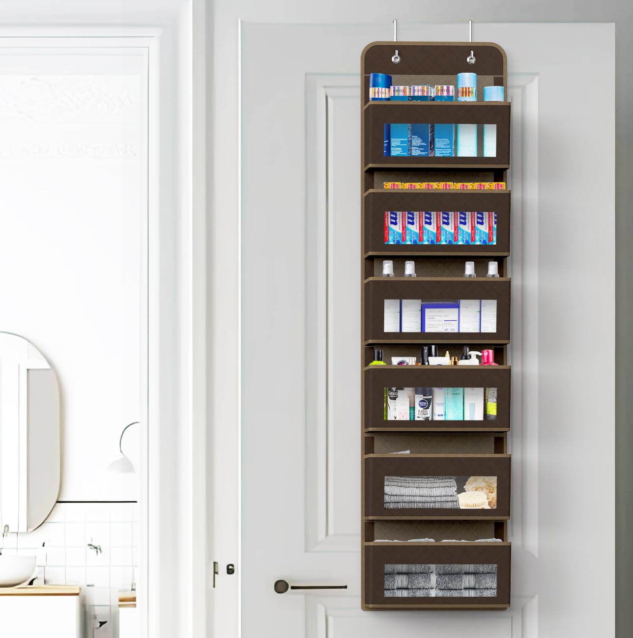 Simple Houseware 6 Clear Window Pocket Over Closet Door Storage Hanging Organizer for Bedroom, Bathroom, Pantry, Beige
