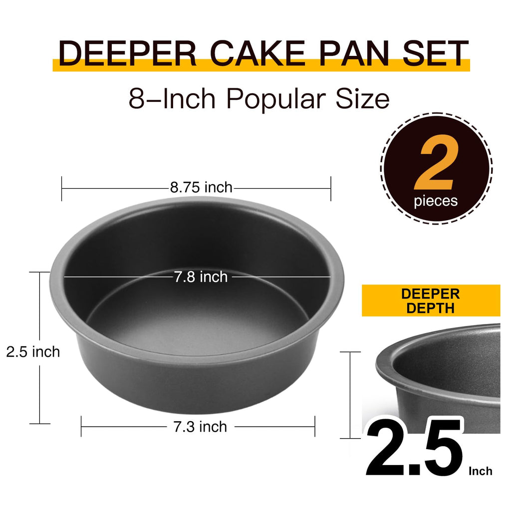 HONGBAKE 8x8 Cake Baking Pan Set, Nonstick Square Brownie Pans with Wider Grips, 2 Pieces, Heavy Duty, Grey