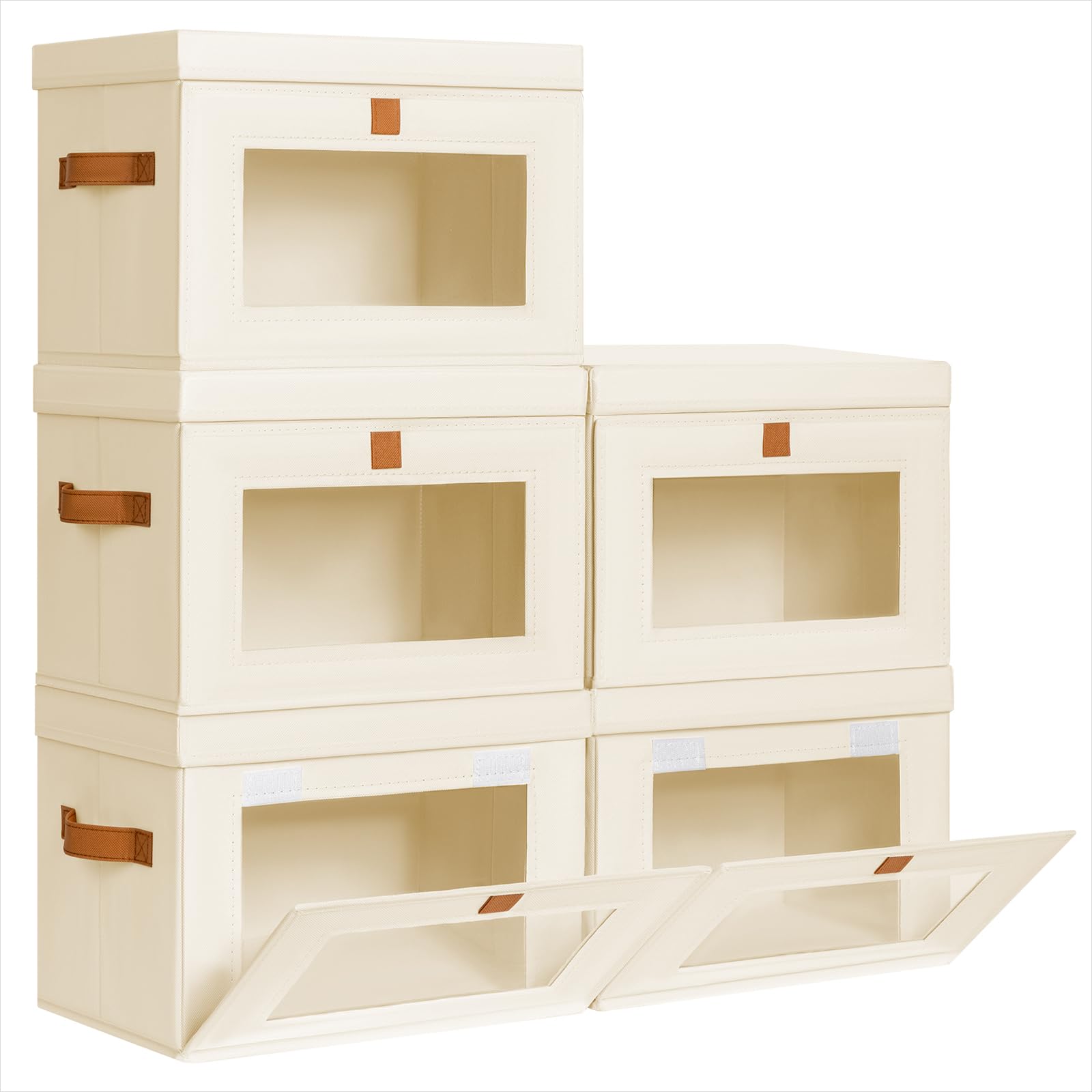 Homsorout Large Closet Storage Organizer - Clothes Storage Bins with Handles & Window, Collapsible Decorative Boxes with Lids, Fabric Containers for Living Room, Dorm, 2 Pack, Beige