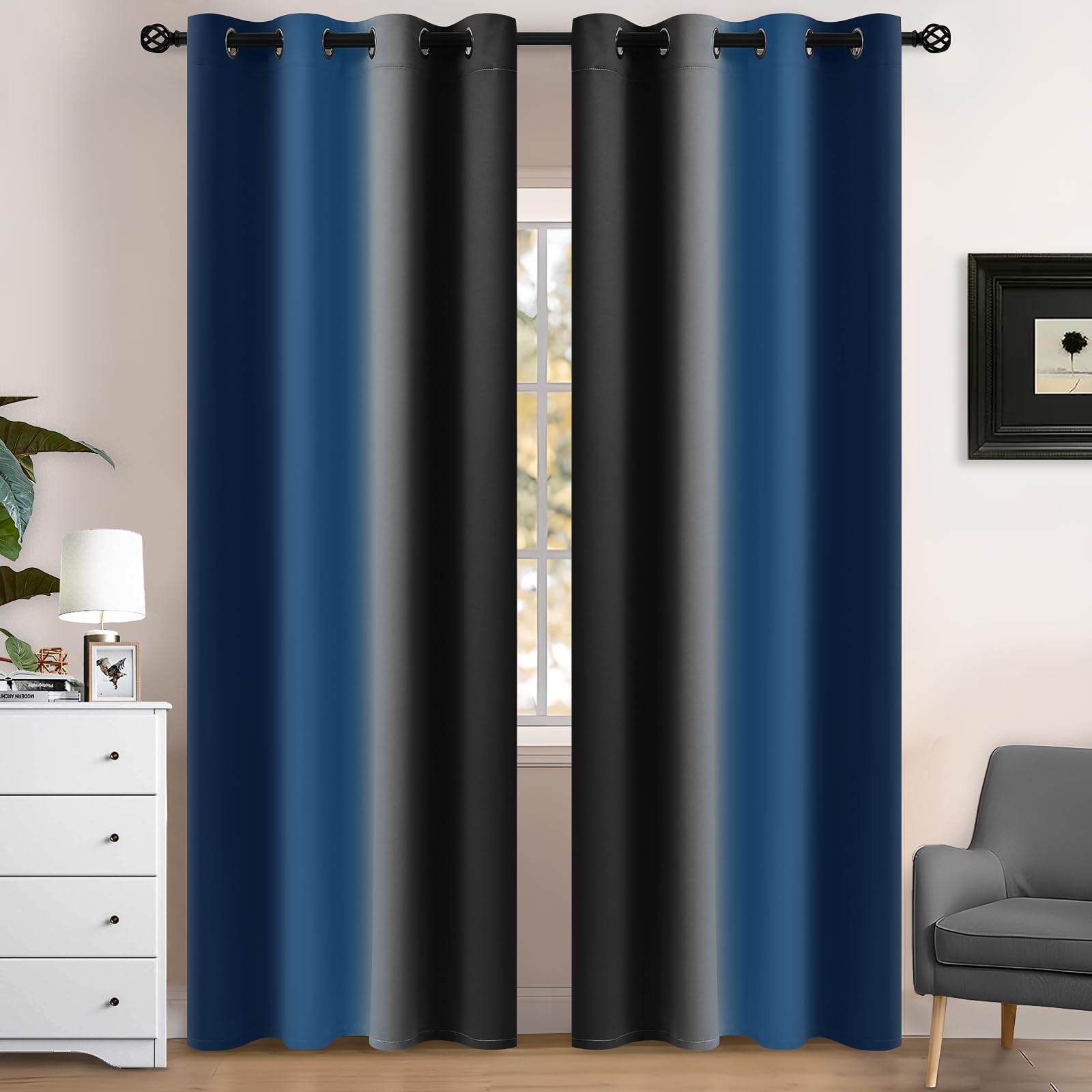 Yakamok Blue and Greyish White Ombre Curtains, Room Darkening Gradient Color Curtains for Bedroom, Light Blocking Thermal Insulated Window Drapes for Living Room(2 Panels, 52x84 Inch)