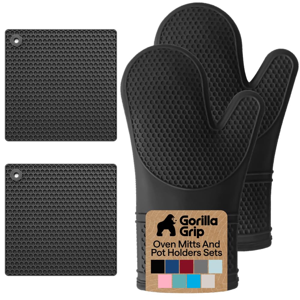 GORILLA GRIP BPA-Free Soft Silicone Oven Mitts, Heat Resistant and Waterproof Cooking Safety Gloves, Thick Cotton Lining, Flexible Gripping, Kitchen Potholders Set, for Grilling, BBQ, 12.5x8.3, Black