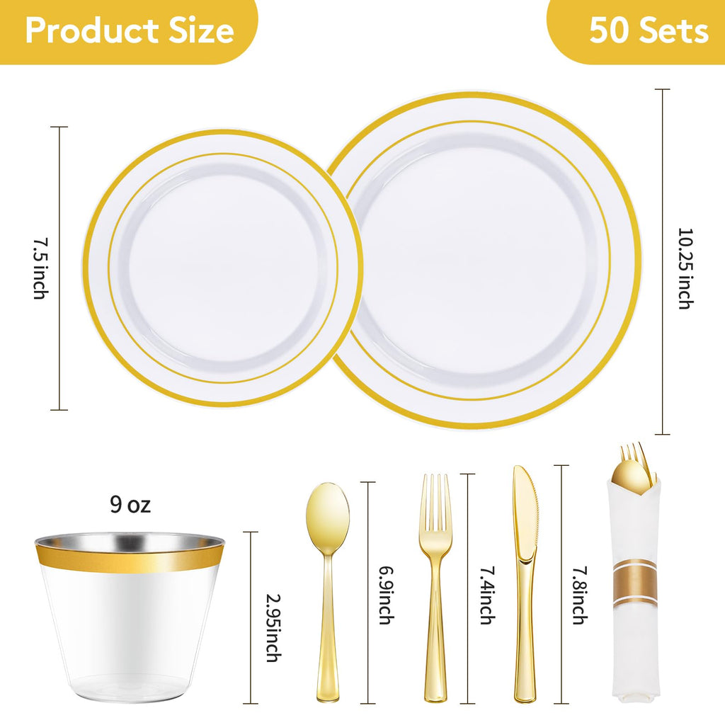 Goodluck 350 Piece Silver Plastic Dinnerware Set for 50 Guests, Fancy Disposable Plates for Party, Include: 50 Dinner Plates, 50 Dessert Plates, 50 Pre Rolled Napkins with Silver Silverware, 50 Cups