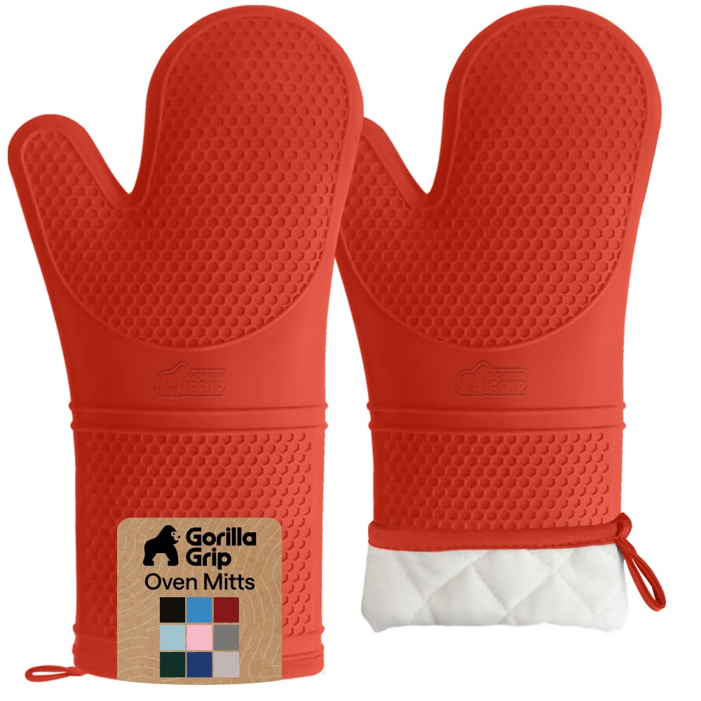 GORILLA GRIP BPA-Free Soft Silicone Oven Mitts, Heat Resistant and Waterproof Cooking Safety Gloves, Thick Cotton Lining, Flexible Gripping, Kitchen Potholders Set, for Grilling, BBQ, 12.5x8.3, Black