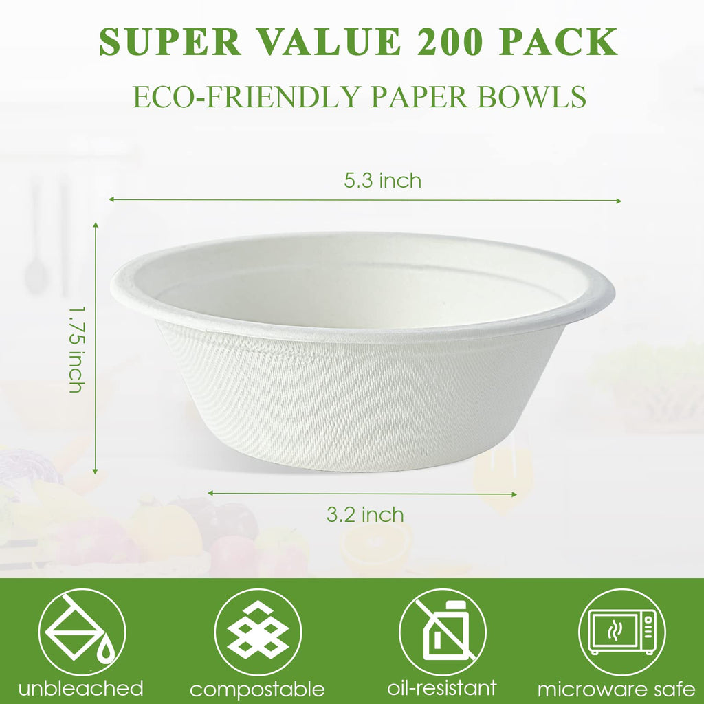 Vplus 200 Pack 12 OZ Paper Bowls, Disposable Compostable Bowls Bulk, Eco-friendly Bagasse Bowls, Heavy-duty Bowls Perfect for Milk Cereals, Snacks, Salads